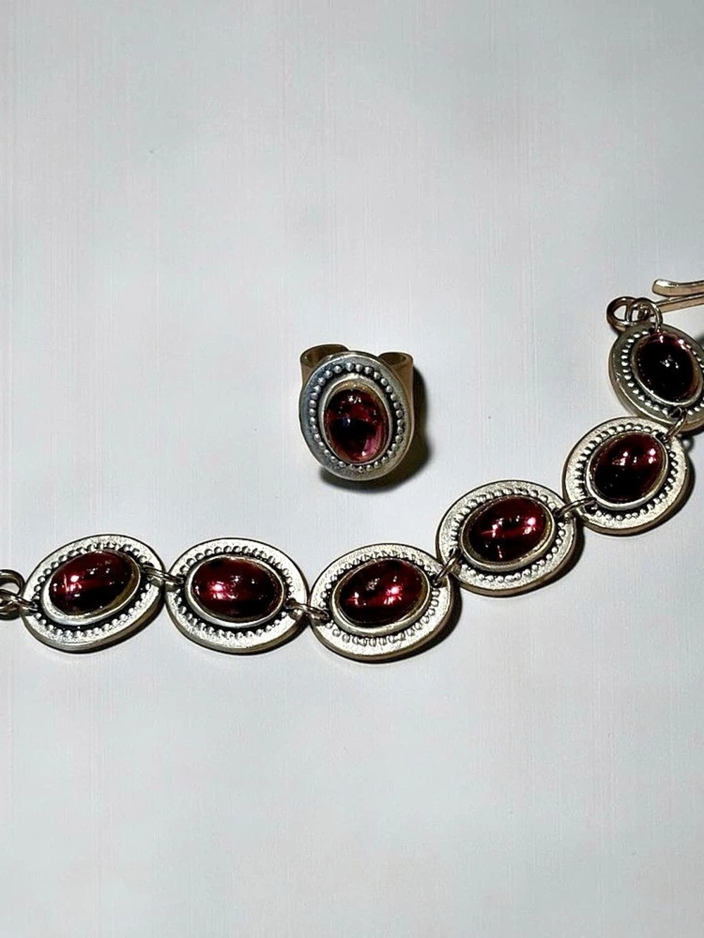 Vintage Tenn KK Sweden Pewter Bracelet Ring Set Purple Glass Cabochon Modernist